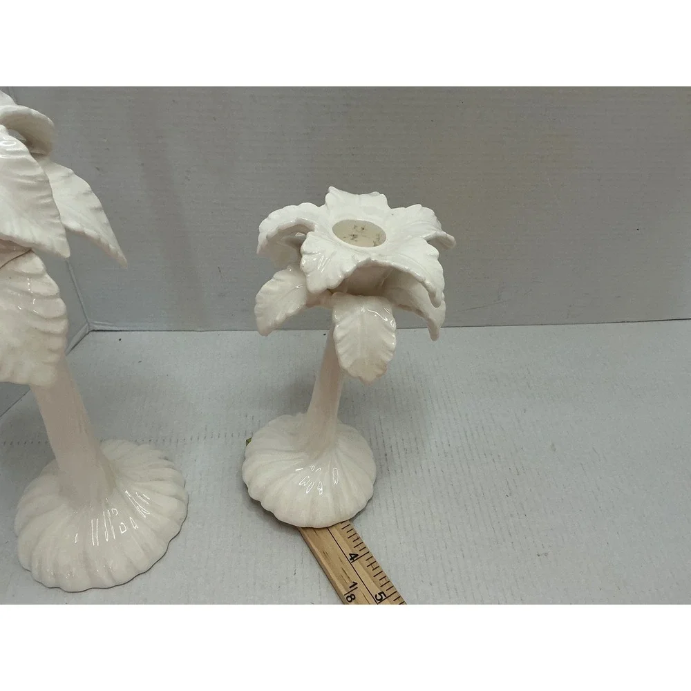 Fitz and Floyd Vintage Palm Tree Candle Holders White Ceramic Tropical Set of 2